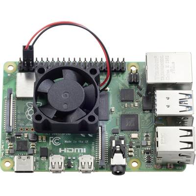A circuit board with a fan, USB and Ethernet ports. Labels: 'HDMI', 'Made in the UK'. Looks like a Raspberry Pi model.