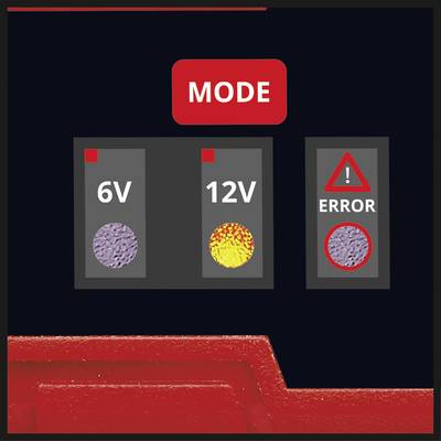 'Mode' appears at the top in red. Buttons labelled '6V', '12V' and 'Error' contain coloured circles, the last one with a warning symbol.