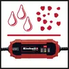 A red battery charger with a control panel showing modes for 6V and 12V. Symbols above: water droplet, ice crystals, line.