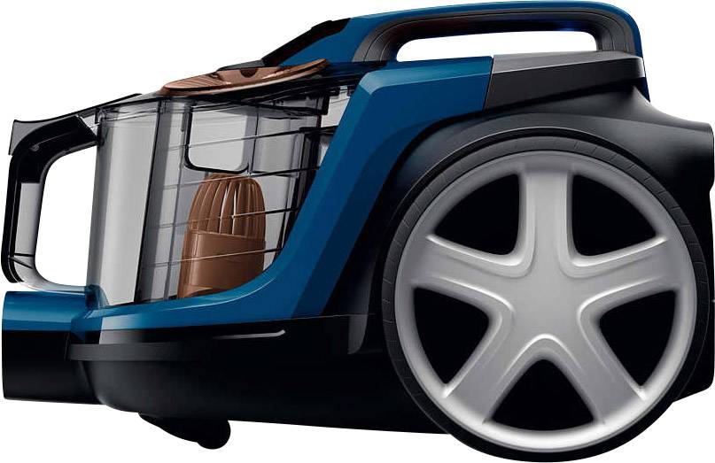 A blue, bagless vacuum cleaner with large wheels and a transparent container revealing the internal filter.