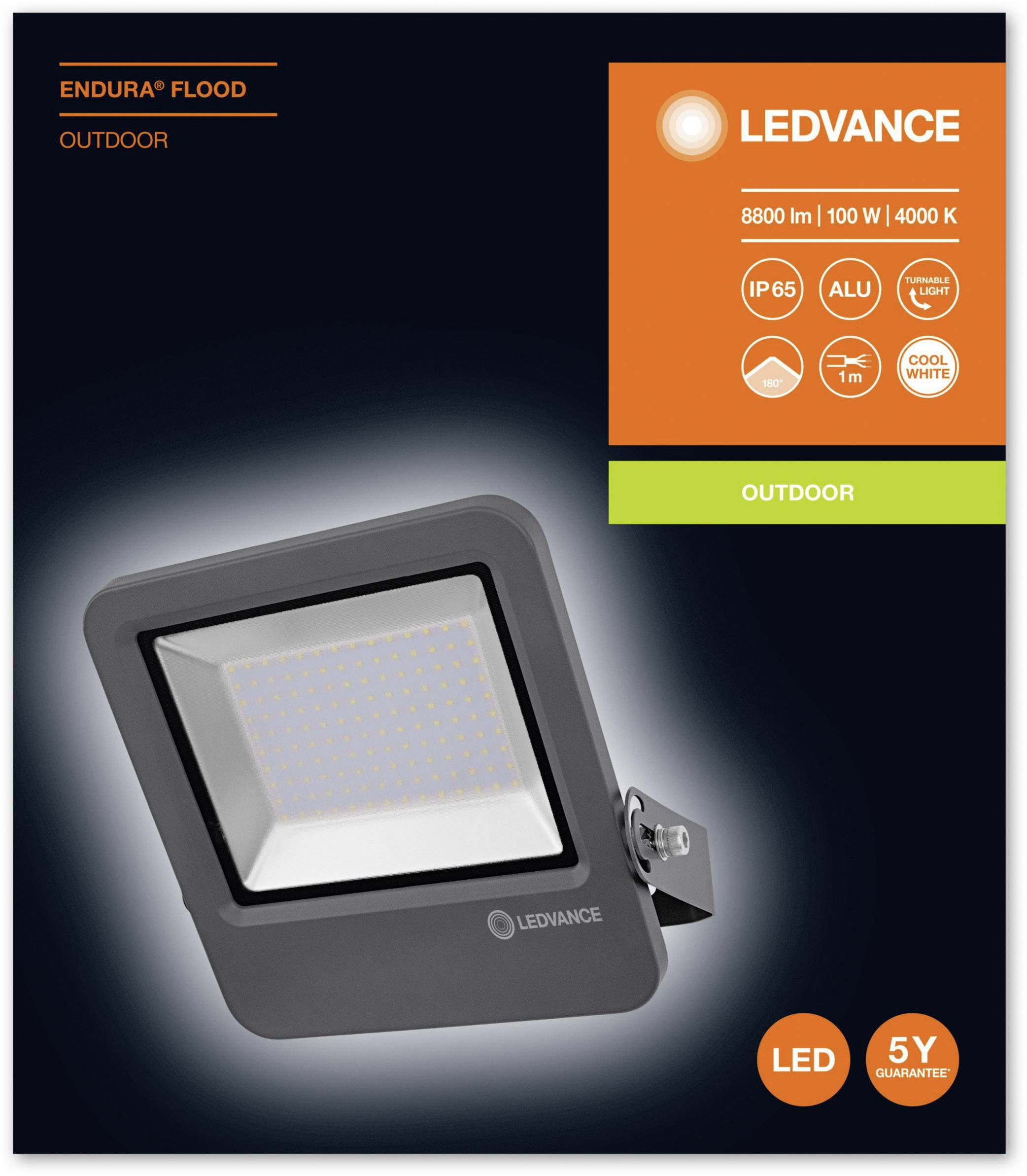 Floodlight by LEDVANCE for outdoor use, 100 W, 4000 K, IP65, 5-year warranty, in cool white.