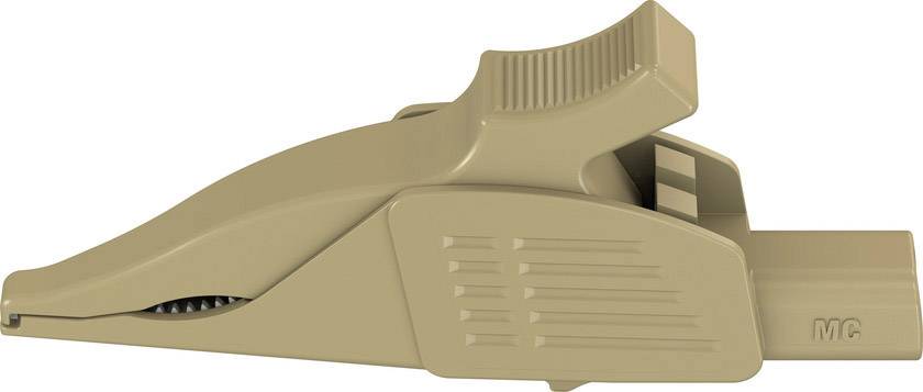 A brown plastic crocodile clip. It has a serrated gripping surface and a grooved grip top.