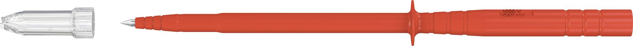 A red ballpoint pen with a removable cap, positioned horizontally.