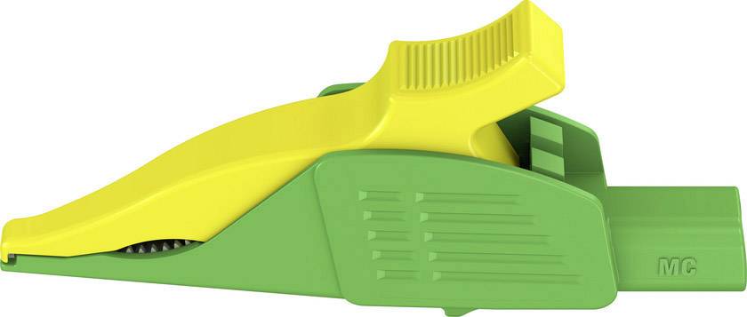 Green and yellow plastic clip, likely intended for holding together or sealing bags, or serving as a holder.