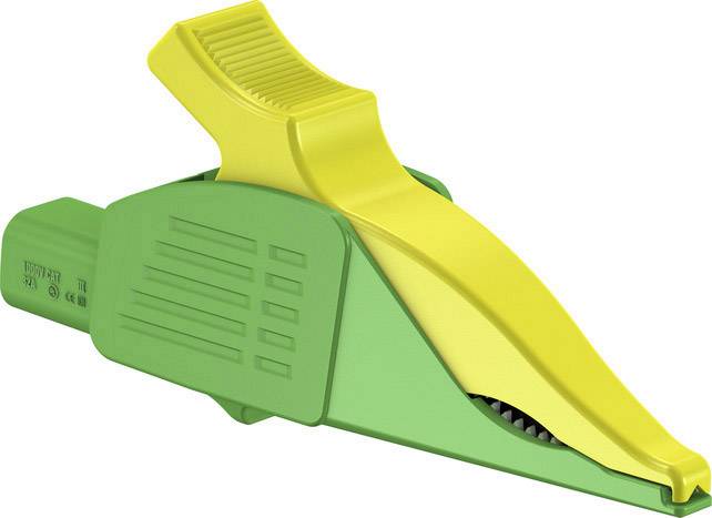 A green and yellow tool used as a holder or clamp for cables or pipes lies on a white background.