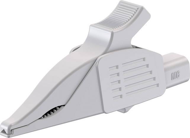 'Grey crocodile clip in close-up. The clip has ribbed grip surfaces and serrated jaws for better grip.'