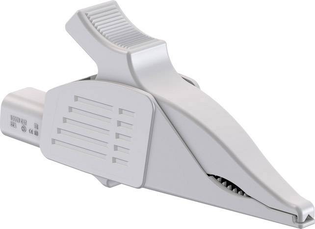 Grey battery terminal clip with a ribbed grip and serrated jaw, used for securely connecting electrical wires.