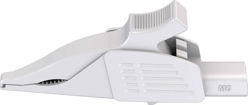 A white plastic clip with grooves, used for sealing or holding objects.