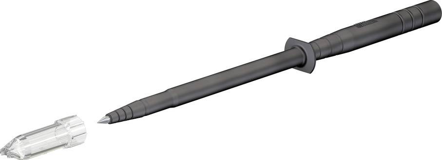 Black ballpoint pen with the cap removed, lying beside the tip.