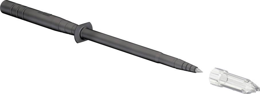 A black ballpoint pen with its cap removed is lying on a white background.