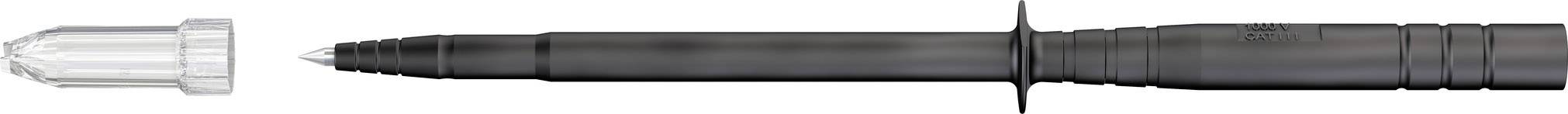 Black ballpoint pen with a transparent cap, lying on a white surface.