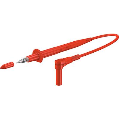 A red voltage tester with a removable cap and an angled plug. Used for measuring electrical voltage.