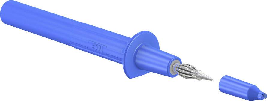 Blue test probe adapter with removable protective cap, suitable for safely testing and measuring electrical connections.