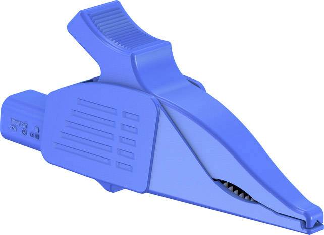 A blue crocodile clip adapter, typically used for electrical measuring instruments, shows the serrated gripping surface.