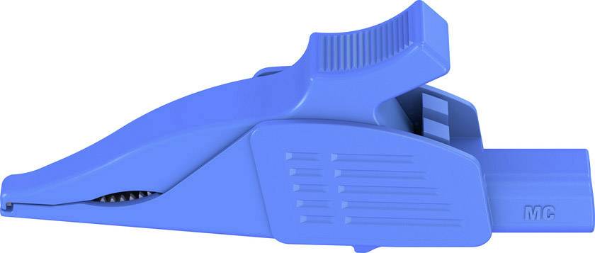 Blue plastic crocodile-shaped clip for securing items.