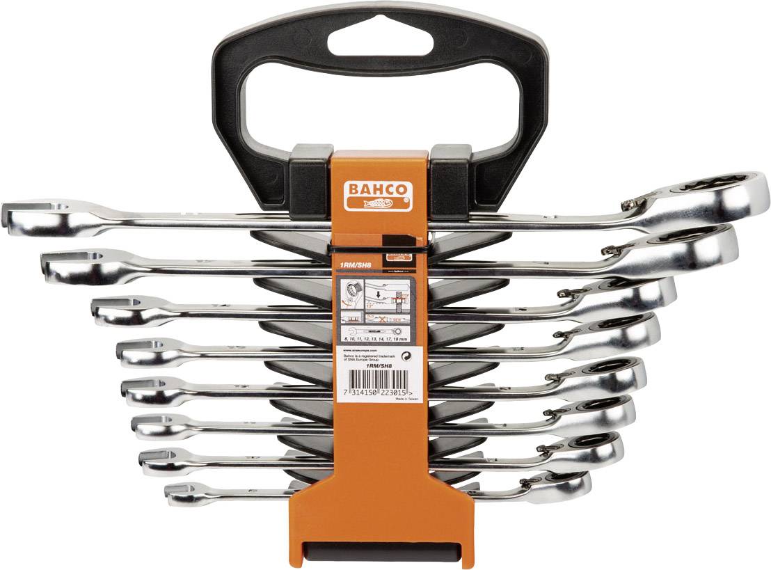 A set of eight chrome-plated ratchet spanners, attached to a black handle. The packaging is orange and features the Bahco logo.