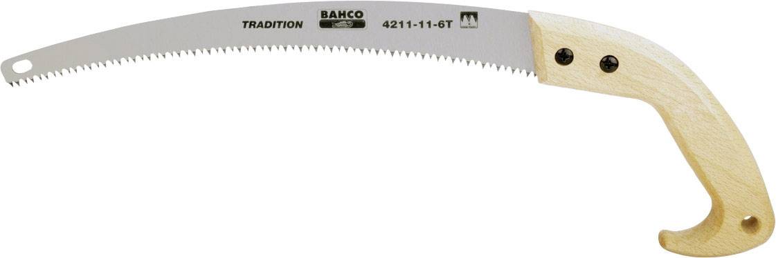 Hand pruning saw with curved wooden handle and arched blade. Suitable for cutting branches.