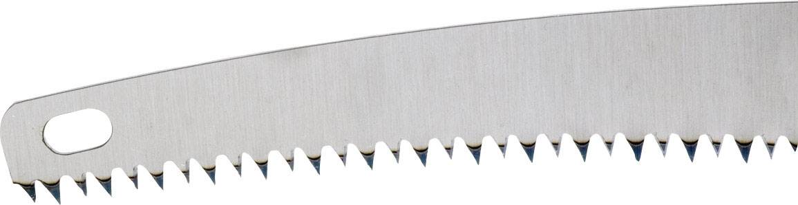 Close-up of a curved saw blade with sharp, uniform teeth.