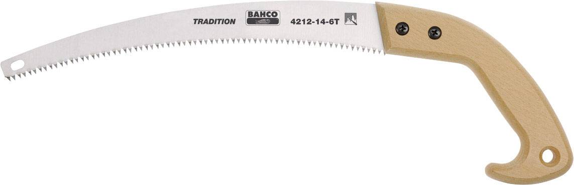 Hand pruning saw with curved blade and wooden handle, suitable for precise cutting of branches and woodwork in the garden or woodland.