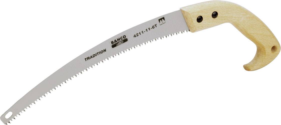 Hand pruning saw with curved blade and wooden handle, suitable for cutting branches. Brand marking on the blade.