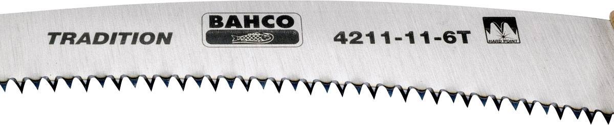 Close-up of a Bahco Tradition saw with tooth details, model number 4211-11-6T, beneath a tree logo.