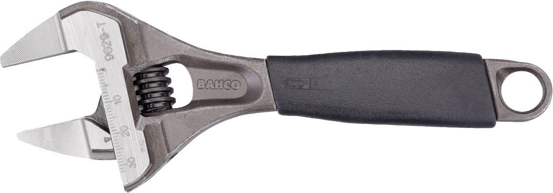 Adjustable spanner with black handle, open jaws. Tool for tightening or loosening screws and nuts.