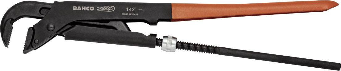 A red and black pipe wrench by Bahco, model 142, lies on a white background.