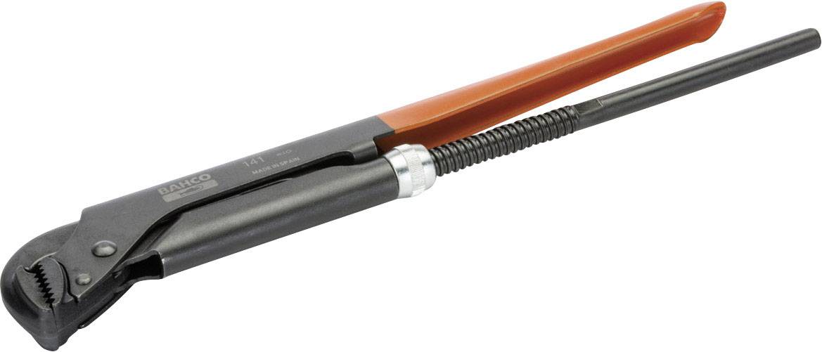 A red pipe wrench is resting on a white surface. It has a serrated jaw for gripping and a long handle for leverage.