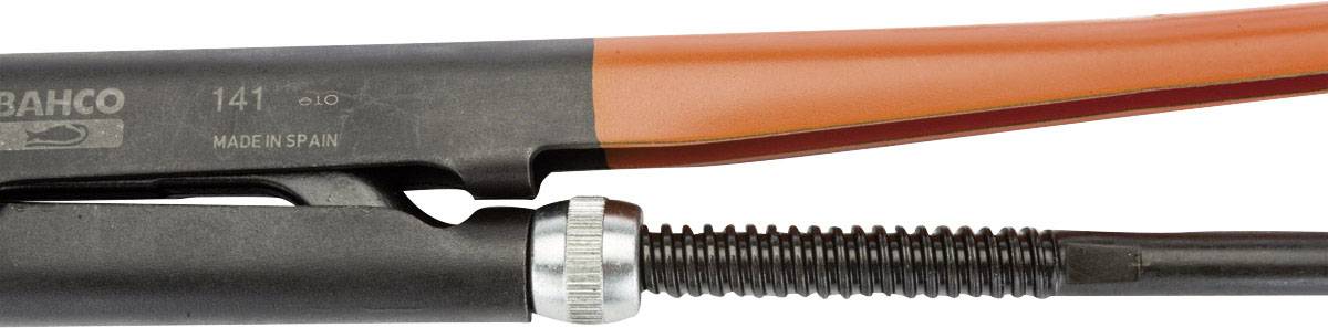 A pipe wrench with an orange handle and black metal body. It is partially open, showing the threaded screw for adjustment.