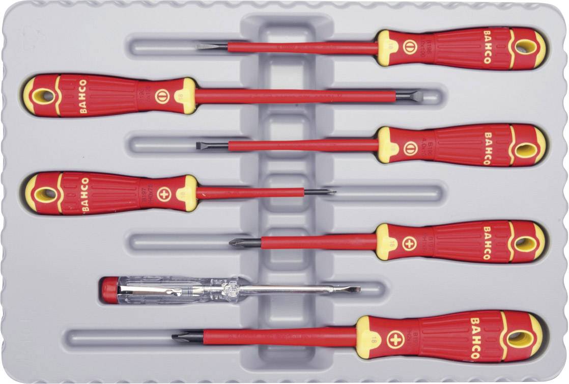 A set of seven red screwdrivers with insulated handles on a grey background. Six screwdrivers are marked with identifications.