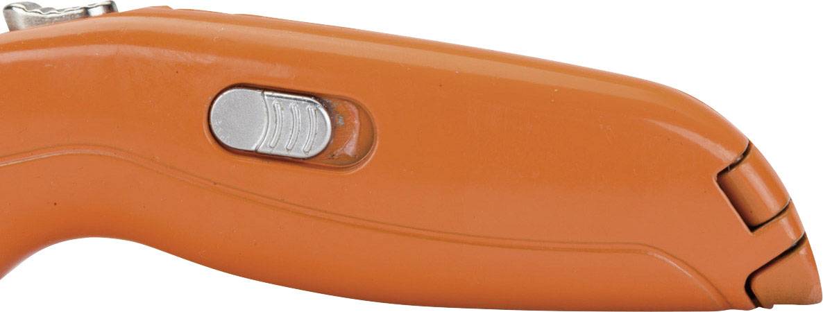 Orange handle with silver switch on a tool.