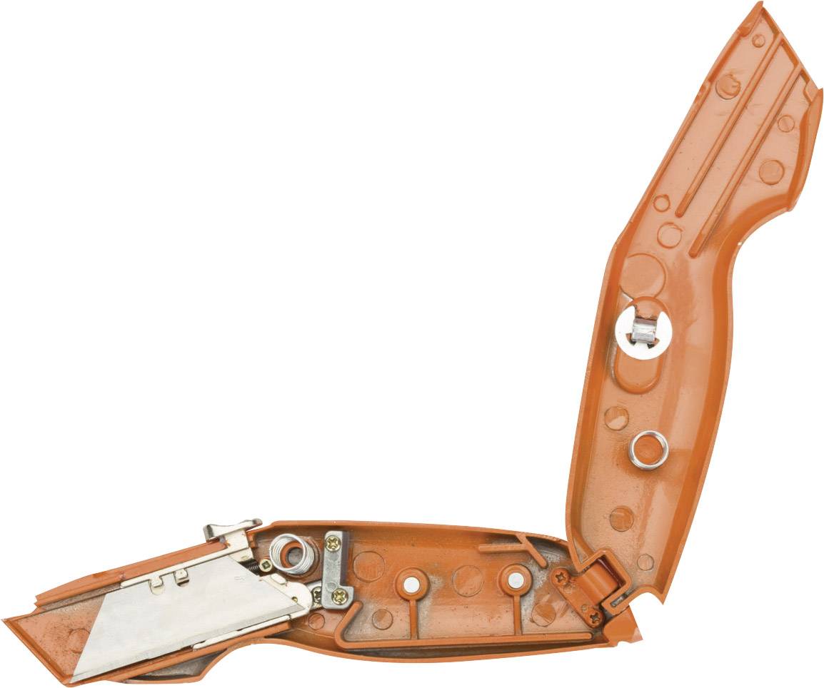 Upturned orange utility knife handle, revealing its internal mechanism.