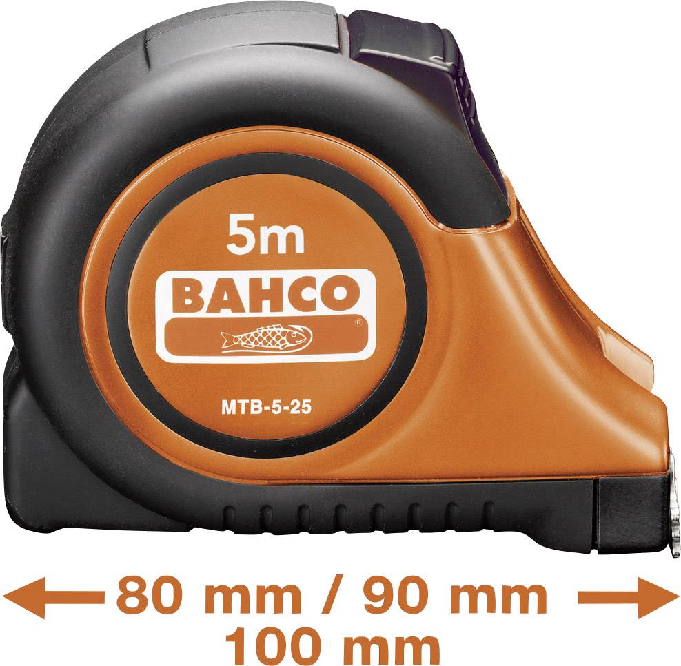 Orange and black measuring tape by Bahco, length marking '5m', with arrows indicating measurements of 80 mm, 90 mm, 100 mm.