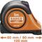 Orange and black measuring tape by Bahco, length marking '5m', with arrows indicating measurements of 80 mm, 90 mm, 100 mm.