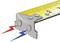 Illustration of a metal component of a measuring tape, indicating tensions through red and blue lightning bolts.