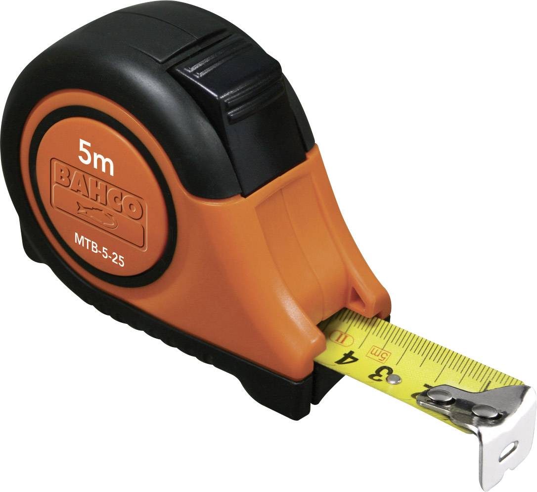 A Bahco orange and black tape measure, 5 metres long, with a yellow scale and black text.