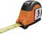An orange tape measure with the tape extended to the 5 mark. It has a black and silver housing grip.