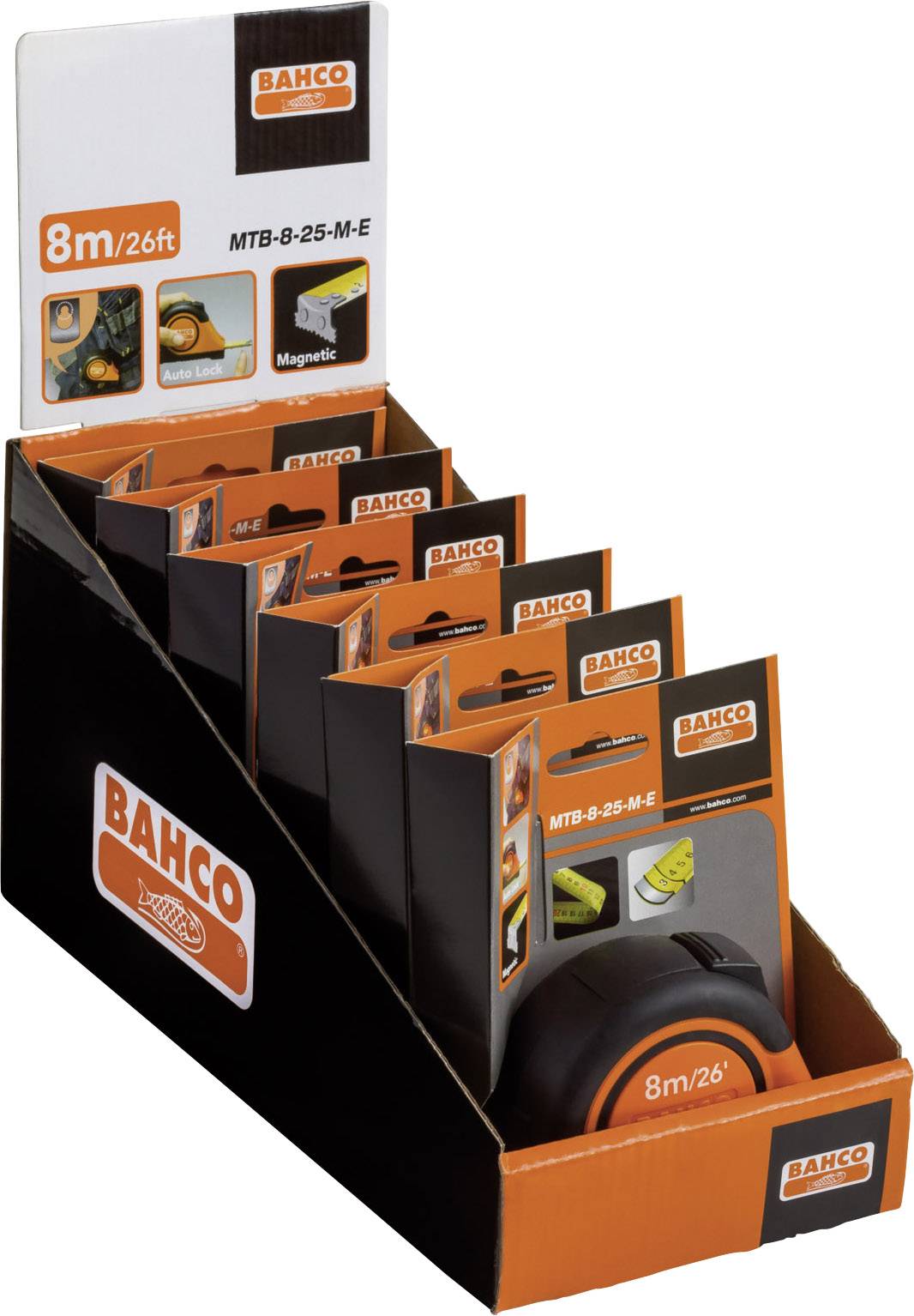Packaging featuring multiple Bahco magnetic measuring tapes, 8 m/26 ft in length, displayed in a point-of-sale stand.