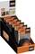 'Bahco' tape measure display with multiple 8m tape measures in boxes, standing upright. Orange and black tones dominate.