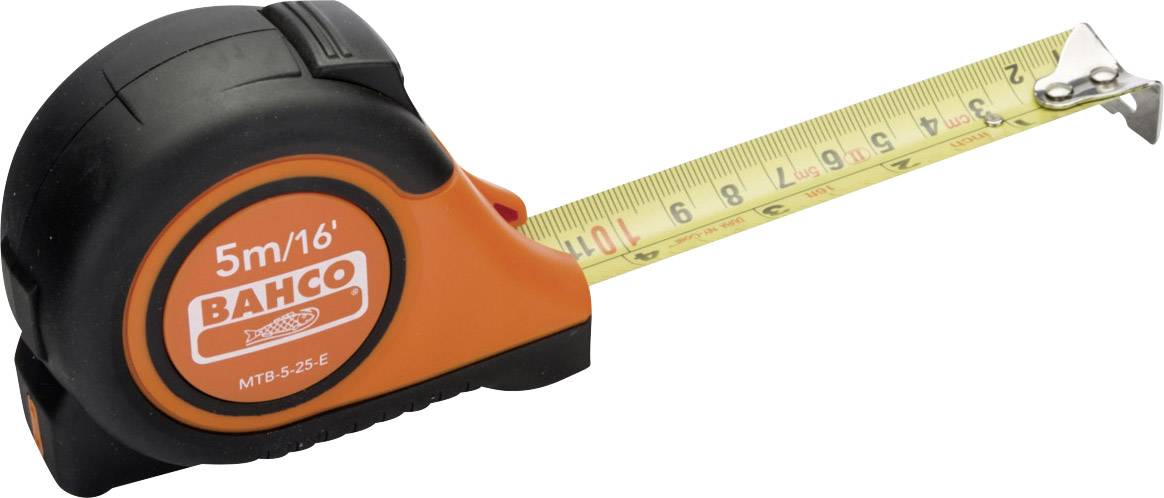 An orange and black measuring tape, stretched out. Markings in centimetres and millimetres are visible.