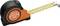 An orange and black measuring tape, stretched out. Markings in centimetres and millimetres are visible.