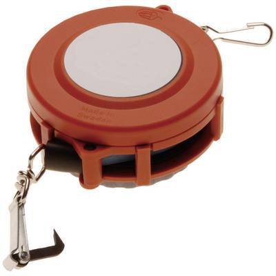 A round, orange safety reflector with a carabiner hook and clip.