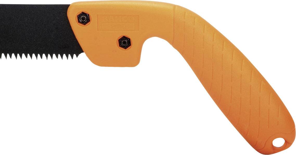A handsaw with an orange handle and black blade. The blade has coarse teeth for cutting wood.