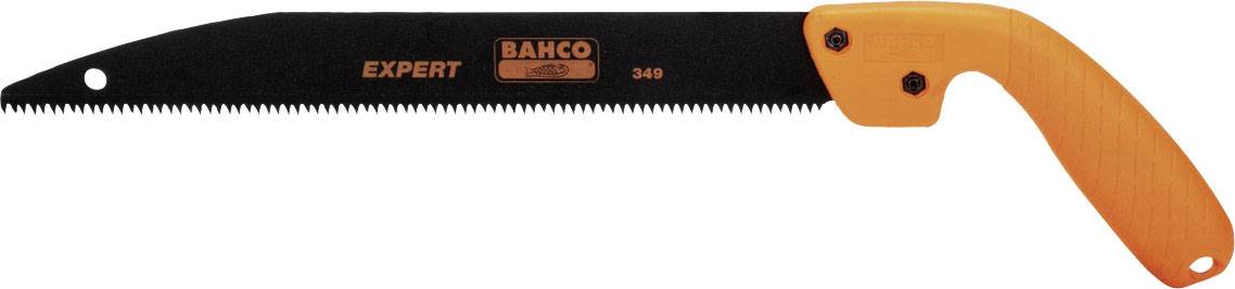 A handsaw with an orange handle and black saw blade, marked with 'EXPERT BAHCO 340'. Suitable for woodworking.