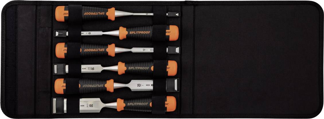 A set of six chisels in a black case, with black and orange handles, and silver blades.