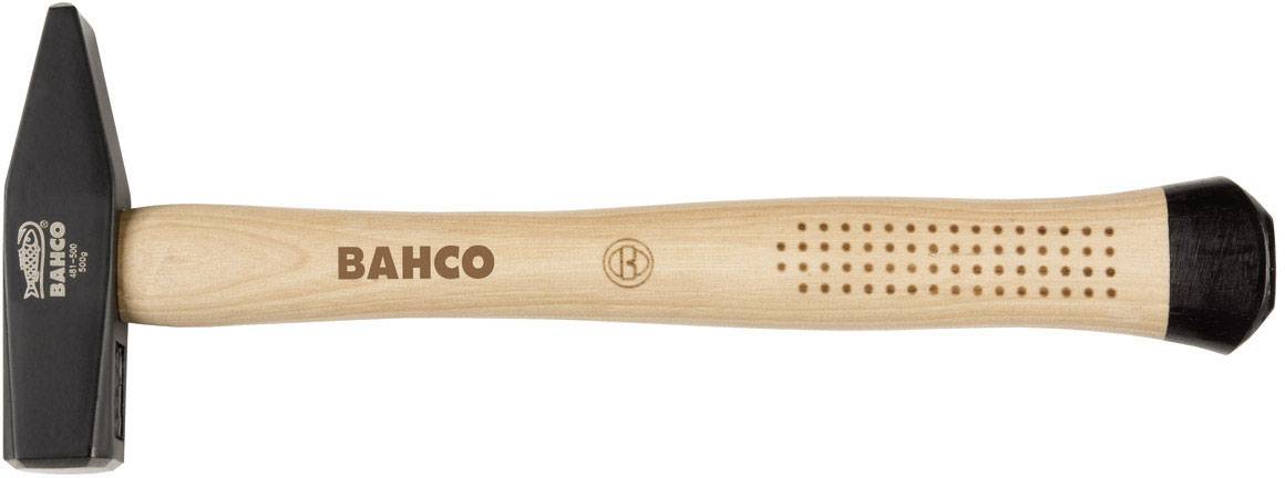 Wooden hammer with a round head and a black, non-slip handle. Wooden handle printed with 'BAHCO' and logo.