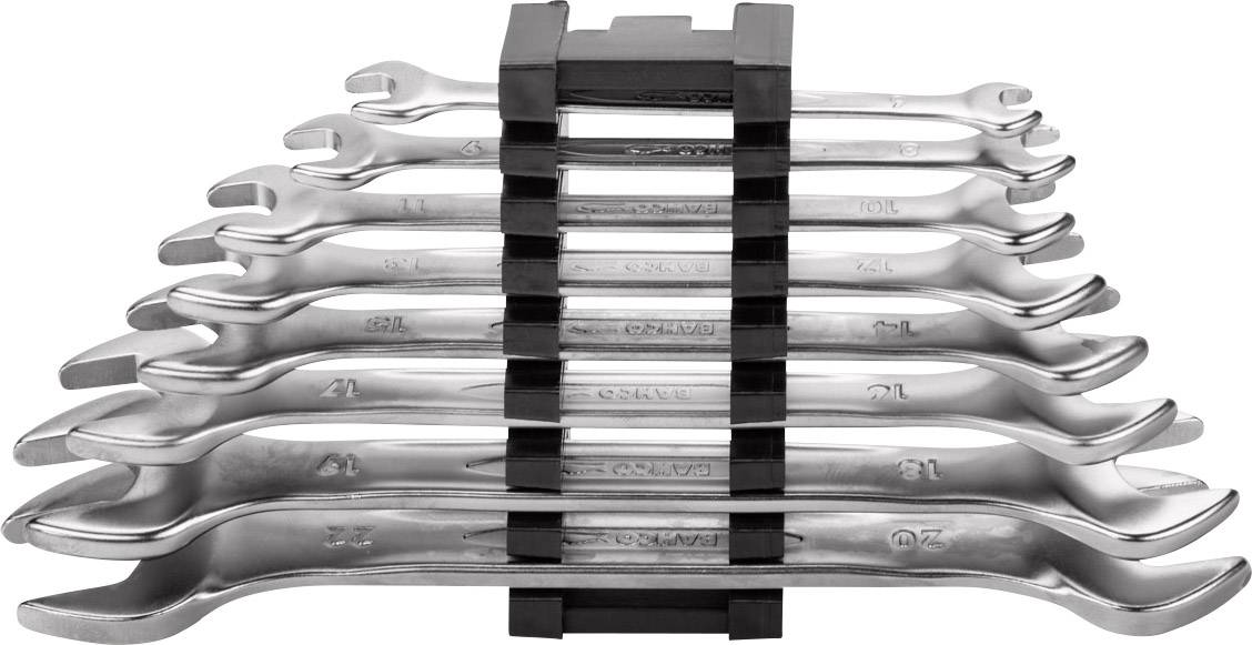 A set of eight open-ended spanners in various sizes, arranged in a black plastic holder.