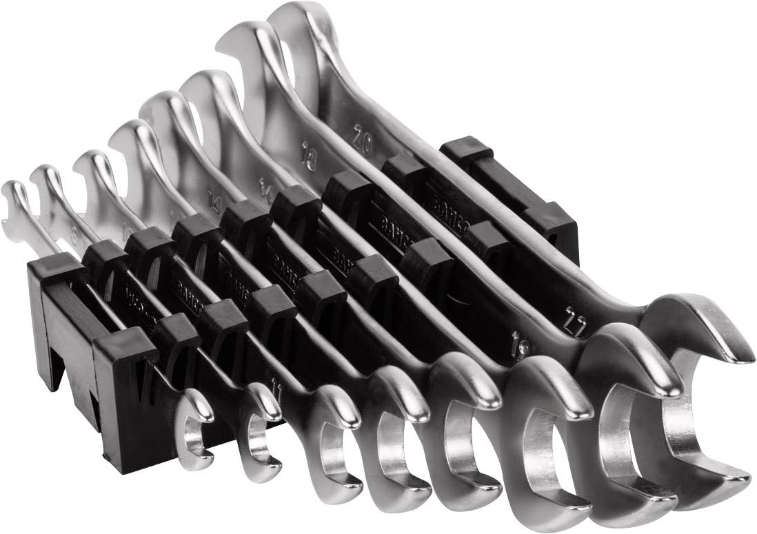 A set of seven stacked spanners in various sizes, neatly arranged in a holder.