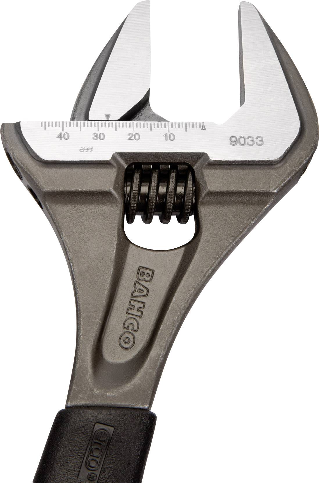 An adjustable steel spanner with a metric scale on the jaws for precise width adjustment.