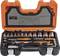 Tool kit with socket set, ratchet and extensions, in orange and black case. Brand 'Bahco', 45-piece set.